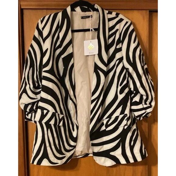 NWT Elsa Made in Italy Zebra Print Lined Blazer Ruched Sleevees Pockets Size L - Picture 1 of 13